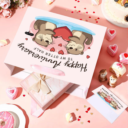Anniversary Party Gift Bag Pink Wedding Gift Wrap Bag with Happy Anniversary Card and Wrapping Paper Cute Otter Couple Paper Bag for Him Her Women Men Valentine Anniversary Party Decorations Supplies