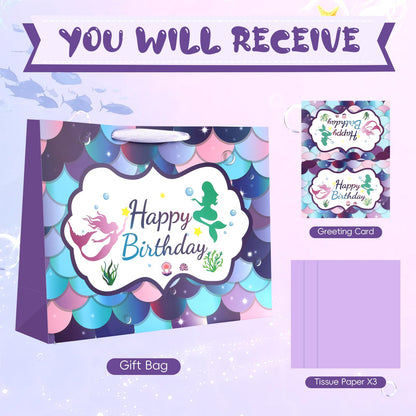 JMANNI Large Happy Birthday Gift Bag with Tissue Papers and Greeting Card,Portable Paper Mermaid Gift Bags with Handles,Purple Present Bags for Women Girls Birthday Party Supplies13 x 10.2" x4.7"
