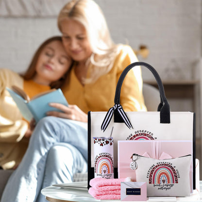Geiserailie 8 Pcs Speech Language Pathologist Gifts for Women Including Large Speech Therapy Tote Bag Cosmetic Bags Tumbler Cup Plush Socks Keychain Card and Envelope for Slp Thank You Gifts