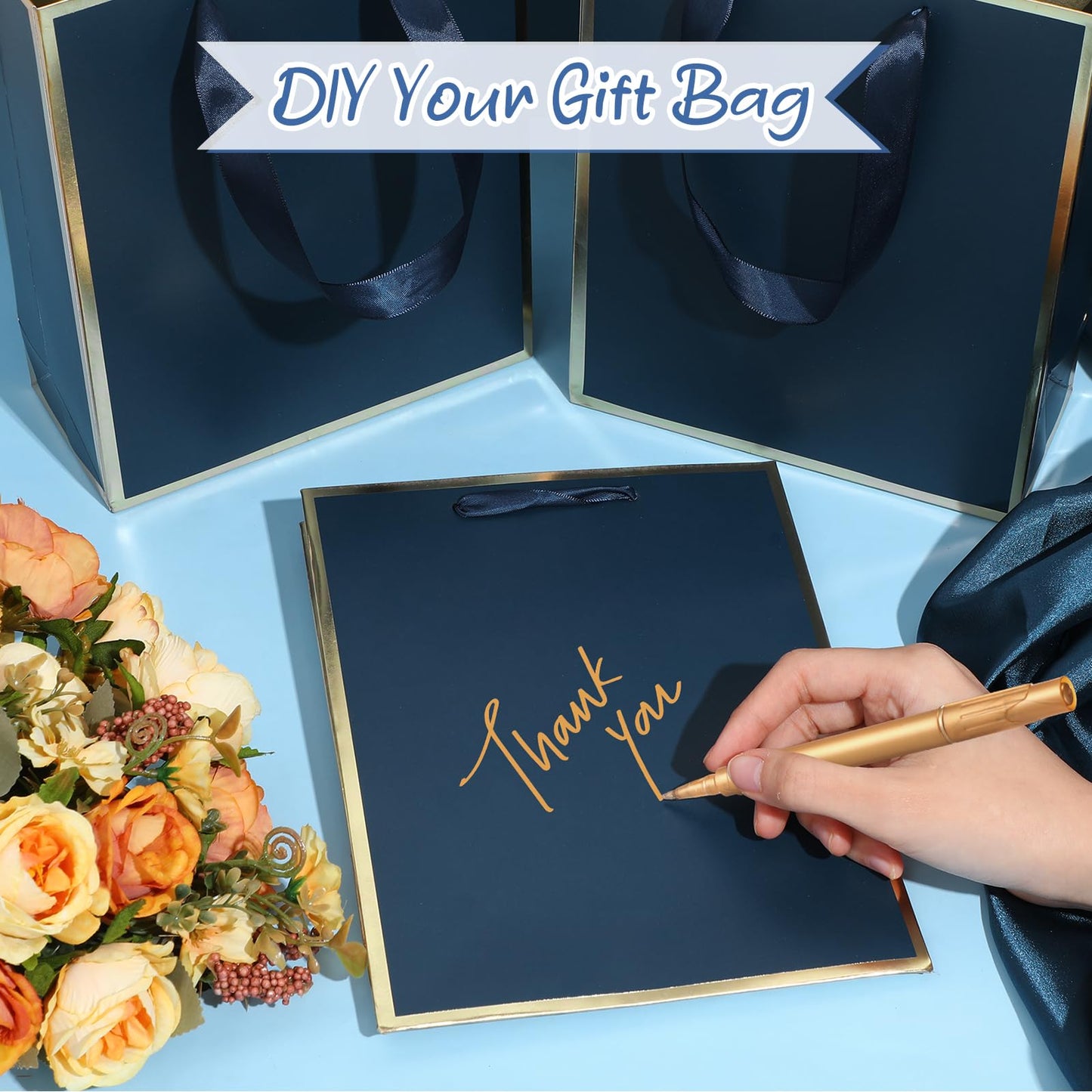 Yeaqee 10 Pack Metallic Paper Gift Bags with Handle Tissue Paper Thank You 5 Senses Gift Bag for Birthday Wedding Baby Shower Groomsmen Bridal Graduation Party Favor 9 x 7 x 3.15''(Navy Blue, Gold)