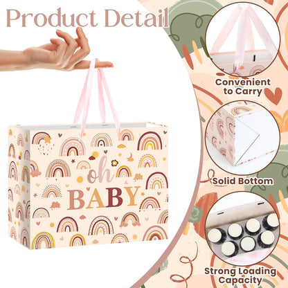 Woosytoo Boho Rainbow Baby Gift Bag for Girls, Hippie Boho Baby Shower Wrapping Paper Bag with Tissue Paper and Card for Little One Congratulations Gifts Gender Reveal Newborn Party Favors