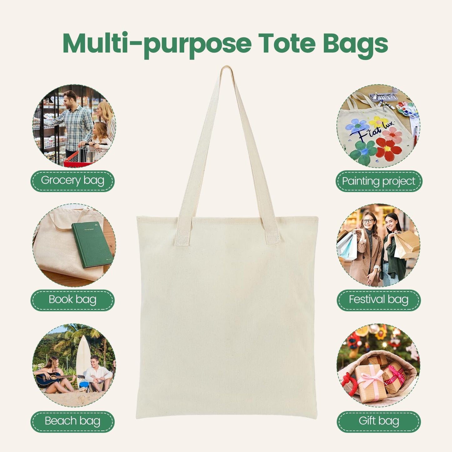 Carbrea 12 Pack Canvas Tote Bag - Lightweight Thin Tote Bags Bulk Blank Shopping Reusable Grocery Bags for DIY Gift Sublimation Activity - Beige