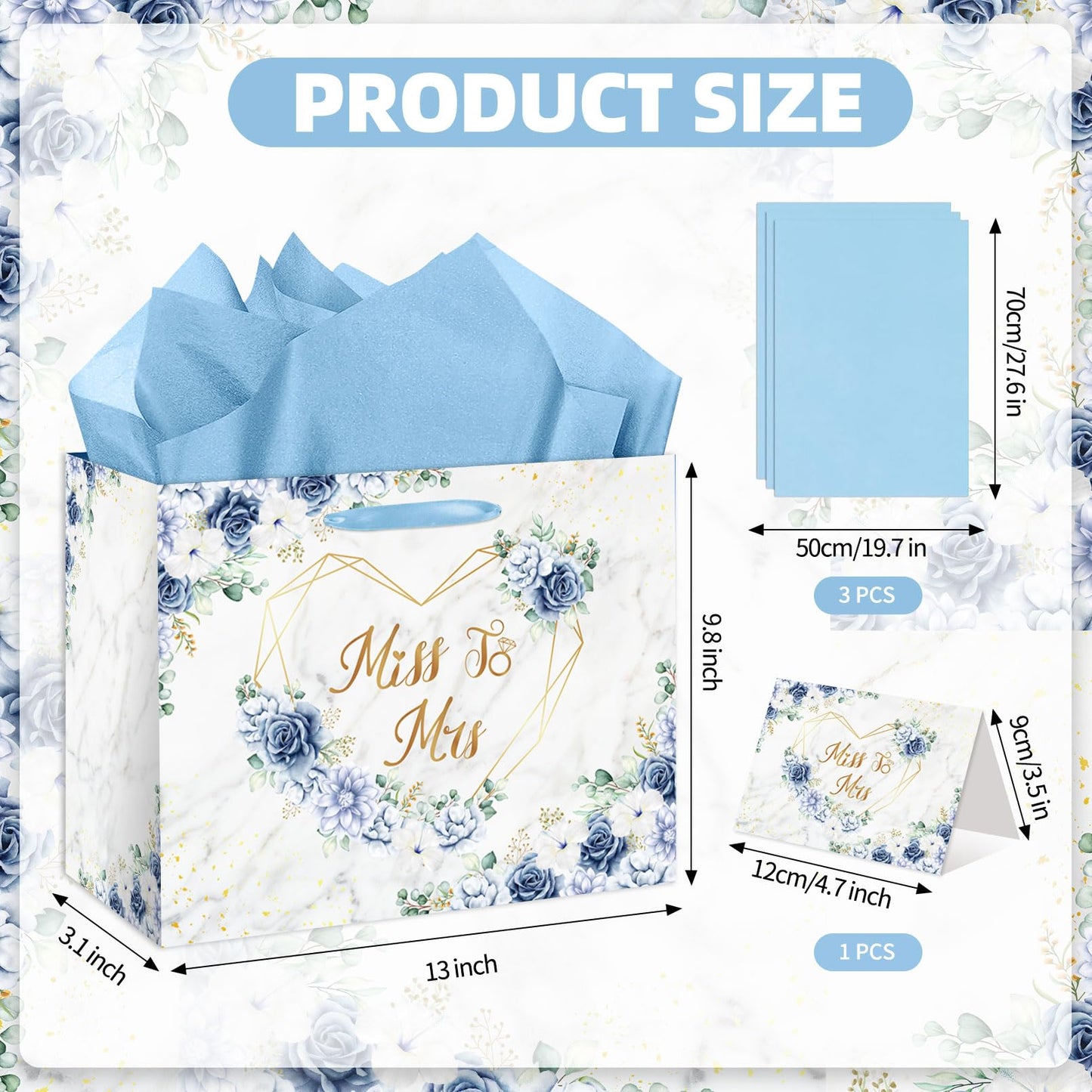 EIGHTSTATES Boho Bridal Shower Gift Bag Blue Floral Miss to Mrs Gift Bags with Card Tissue Bridal Shower Gift Wrapping Paper Bag for Weddings Bachelorette Parties Bridal Showers