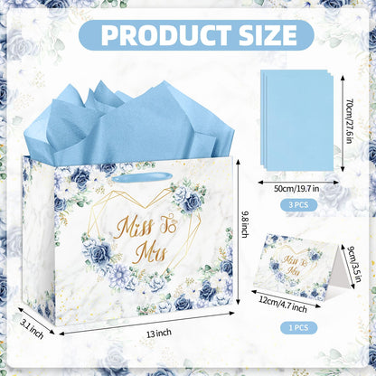 EIGHTSTATES Boho Bridal Shower Gift Bag Blue Floral Miss to Mrs Gift Bags with Card Tissue Bridal Shower Gift Wrapping Paper Bag for Weddings Bachelorette Parties Bridal Showers