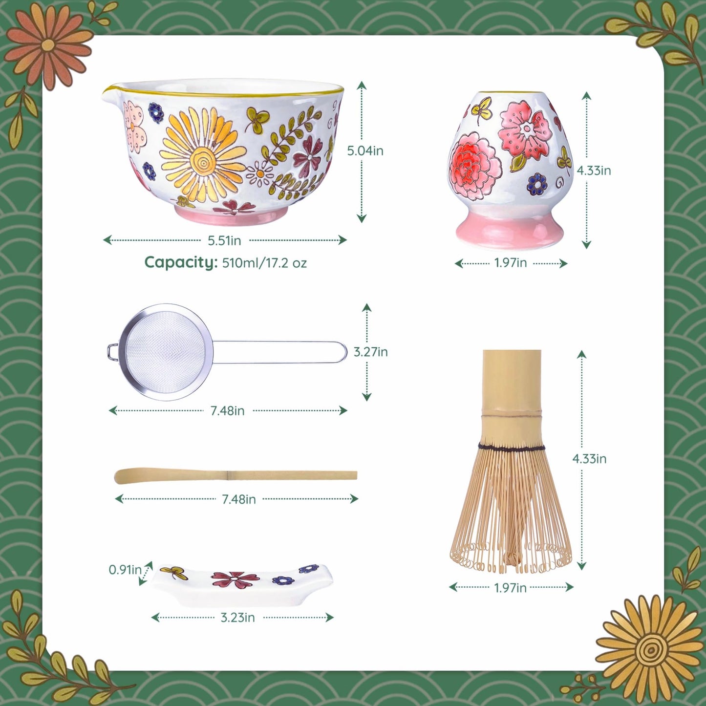 Gifts for Mom, Hand-Painted Floral Matcha Ceremony Set, 6-Piece Japanese Tea Ritual Kit with Ceramic Bowl & Bamboo Whisk – Mindful Matcha Gift Set