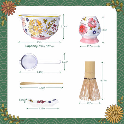 Gifts for Mom, Hand-Painted Floral Matcha Ceremony Set, 6-Piece Japanese Tea Ritual Kit with Ceramic Bowl & Bamboo Whisk – Mindful Matcha Gift Set