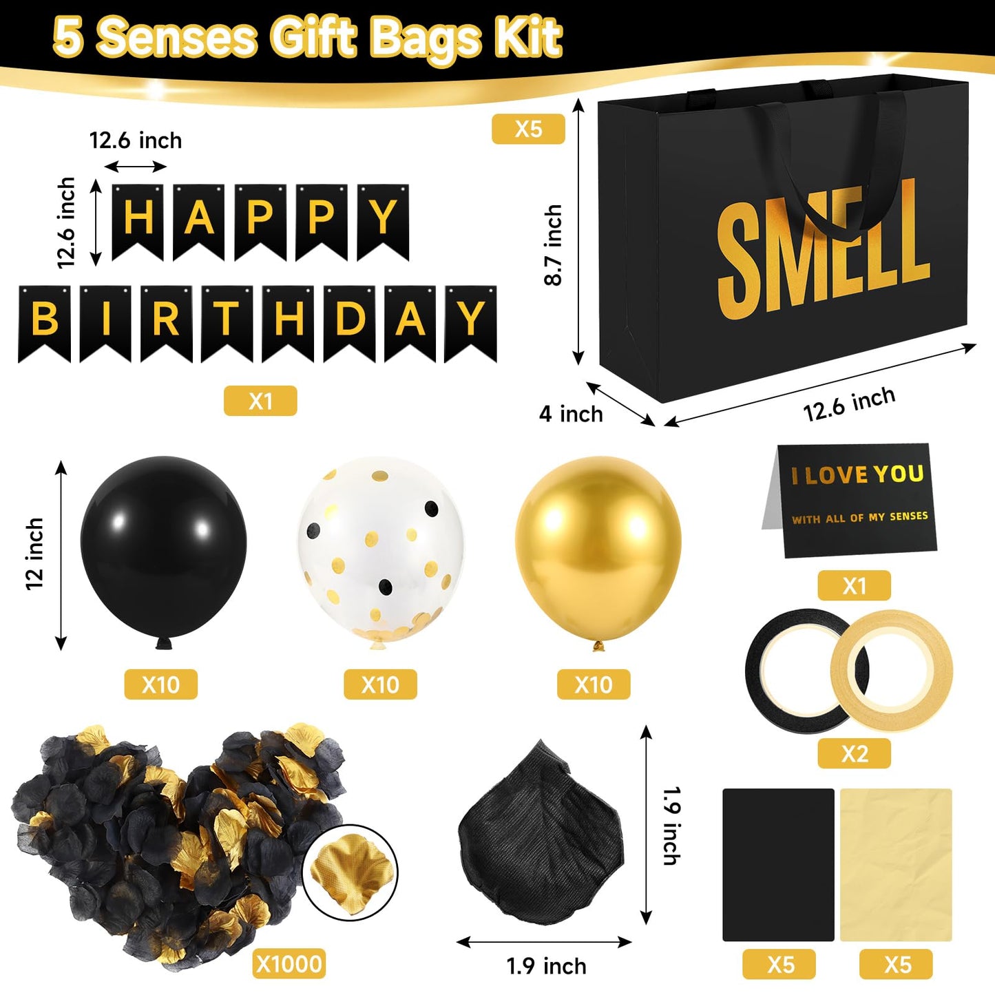 5 Senses Gift Bags For Him Her With Labels Tissue Paper and Handles, Comes With Birthday Decoration Rose Petals and Happy Birthday Banner Balloons for Valentine's Day (Black Gold, 12.6 x 8.7 x 4 inch)