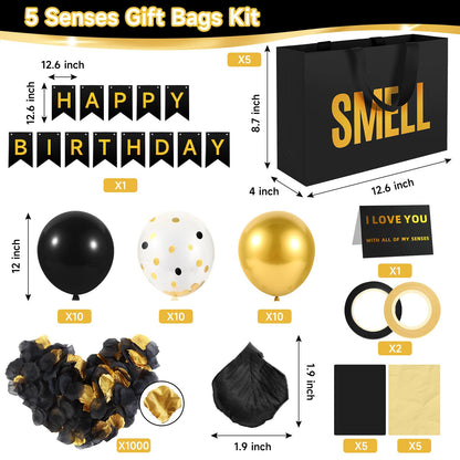 5 Senses Gift Bags For Him Her With Labels Tissue Paper and Handles, Comes With Birthday Decoration Rose Petals and Happy Birthday Banner Balloons for Valentine's Day (Black Gold, 12.6 x 8.7 x 4 inch)