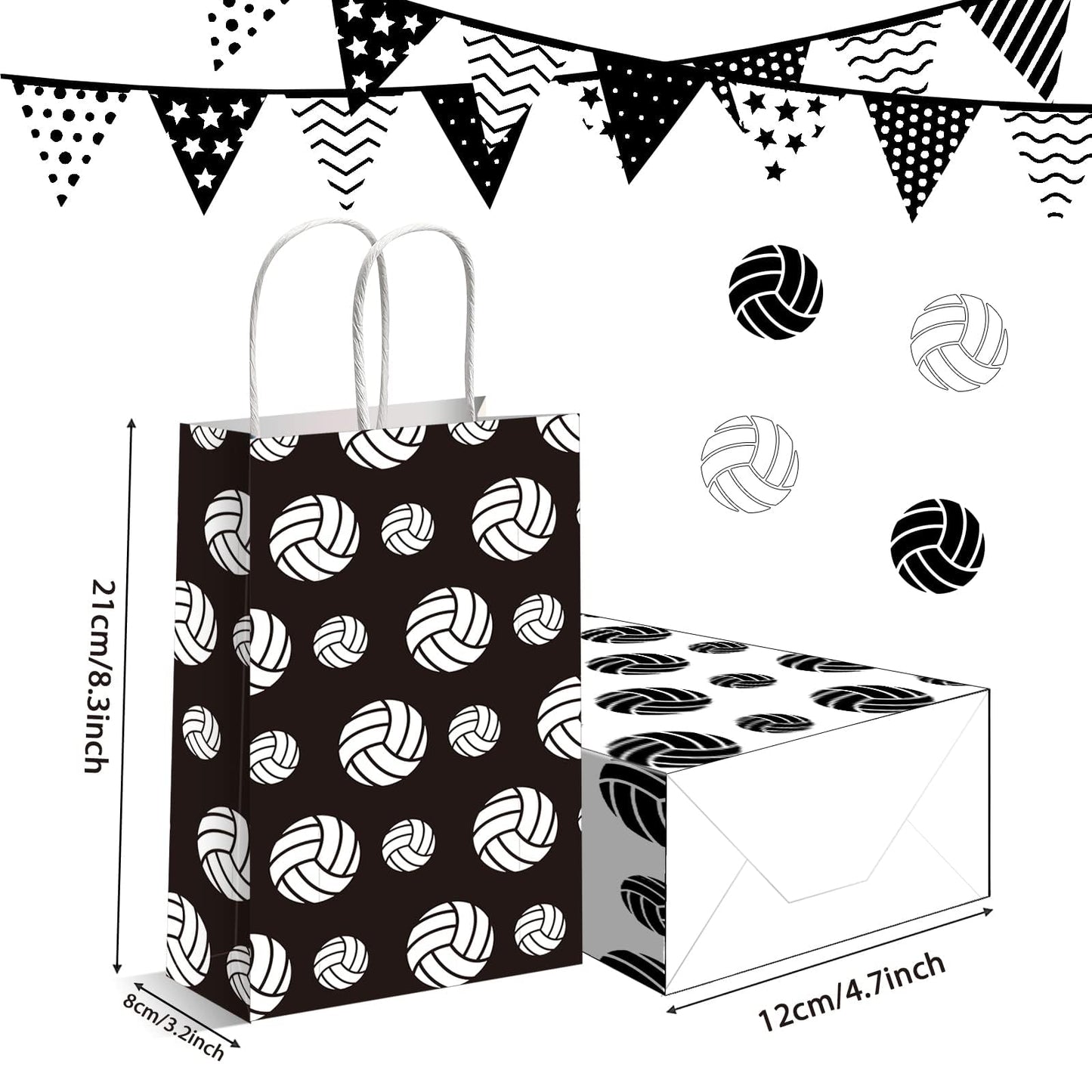 chiazllta 12 Pcs Volleyball Gift Bags for Team Black White Party Favor Paper Snack Goody Treat Bag with Handle Kids Boys Volleyball Kraft Candy Bags for Sport Theme Birthday Party Decorations Supplies