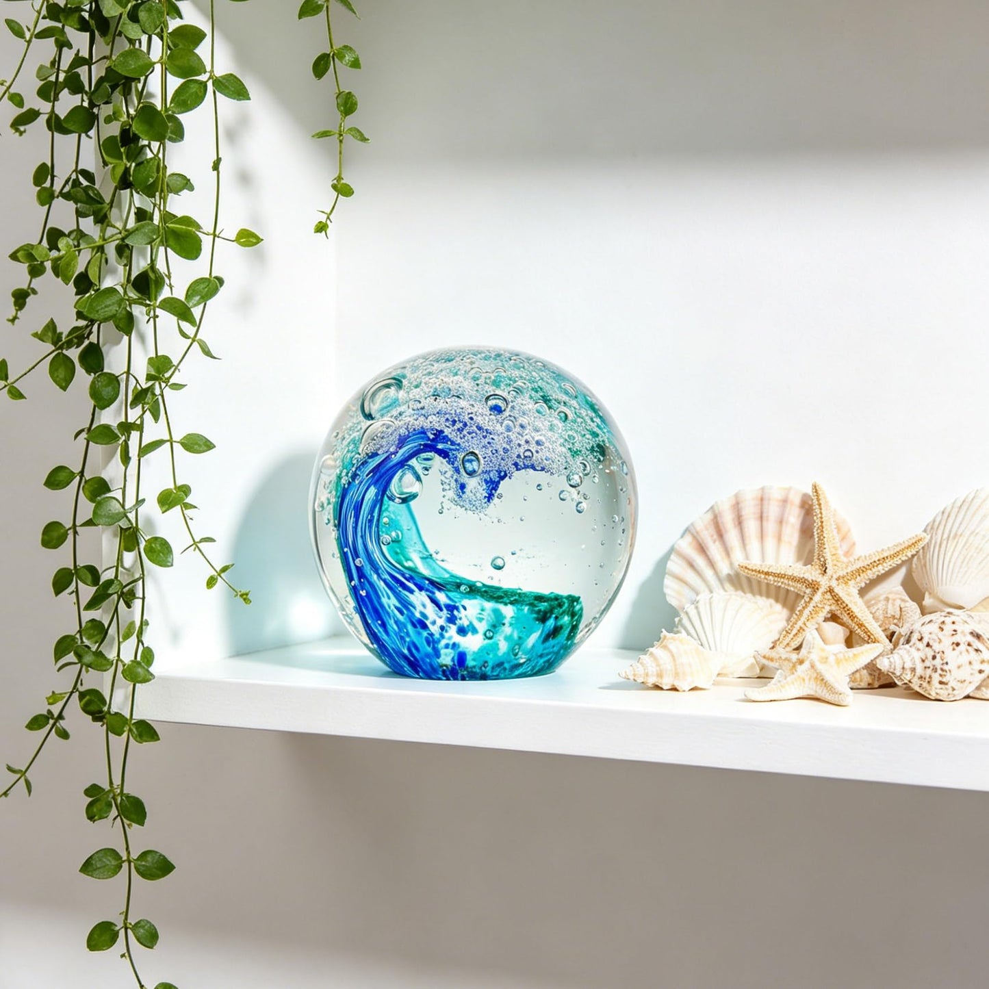 YWHL Hand Blown Ocean Decor Glass Waves Figurines Ball, Ocean Themed Gifts for Women Men, Sea Glass Decoration Collectible Figurines Paperweight for Home Office Decor