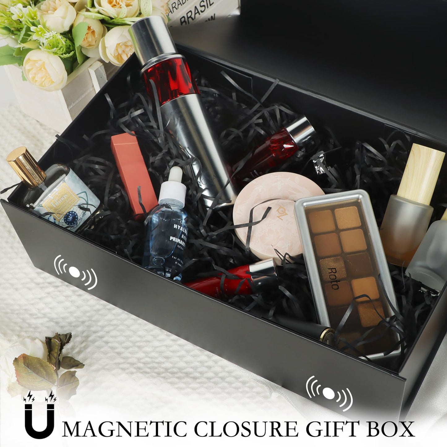 LFBOX Black Gift Box with Magnetic Lids 13.8x8.3x4.4 in, Large Bridesmaid Groomsman Proposal Boxes 1 Pack, Collapsible Rectangle Storage Box