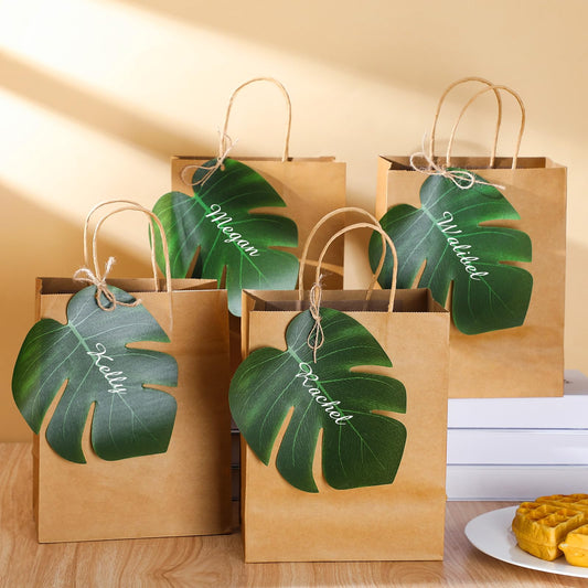 Dinifee 24 Set Hawaiian Aloha Gift Bags Bulk Tropical Luau Bachelorette Goodie Bags with Palm Leaves Monstera Kraft Paper Bridesmaids Beach Party Favors for Summer Hawaiian Wedding