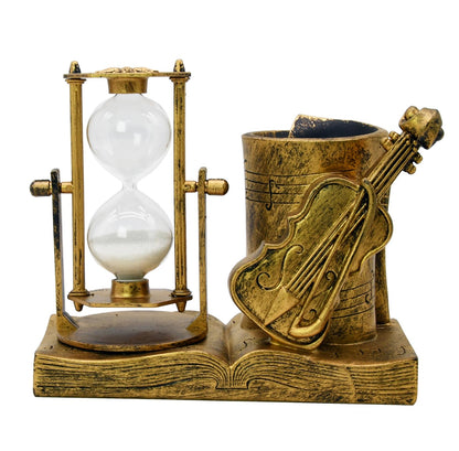 Violin-Themed Pencil Holder with Hourglass, Resin Desktop Organizer for Office & Study, Pen Holder with Sand Timer, Classic Music Addition Scissors Storage, Artistic Gift for Violin Lovers