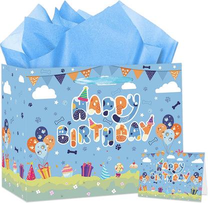 HZRNNA Blue Paw Print Gift Bag, Large Dog Birthday Gift Bag with Tissue Paper and Card, Dog Themed Birthday Decorations for Boys, Newborn, Baby Shower Party Supplies