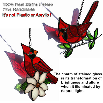 2 Packs Stained Glass Red Cardinal Memorial Gifts for Women, Stained Glass Window Hanging, Red Cardinal on Branch Ornament Suncatcher, Handmade Bird Decor Gift for Mom, Bird Lover