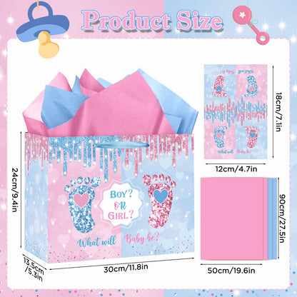 Gender Reveal Gift Bag Blue Pink Boy or Girl Paper Bag with Wrapping Paper Card What Will Baby Be Party Decoration Little Feet Treat Candy Bag for Baby Shower Gender Reveal Birthday Party Supplies
