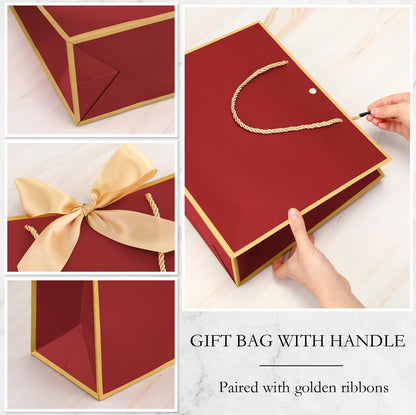 Silkfly 12 Pcs Gift Bags with Handles for Bridesmaid, 12x10x4'' Wedding Welcome Elegant Gift Bags with Bow Ribbon for Graduation Groomsmen Women Baby Shower Birthday Housewarming (Burgundy Red)