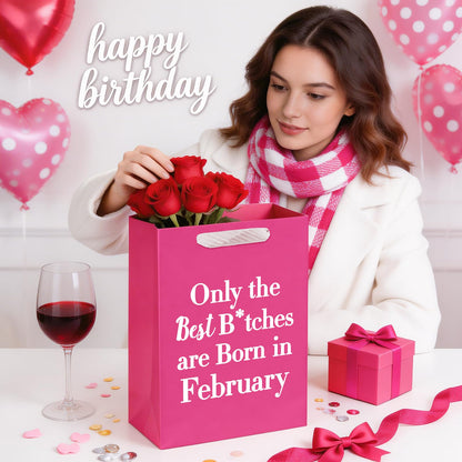 WRAPAHOLIC 13" Large Funny Birthday Month Gift Bag with Tissue Paper - Best Bitches Born in February Humor Bday Gift Bags for Women Best Friends Birthday