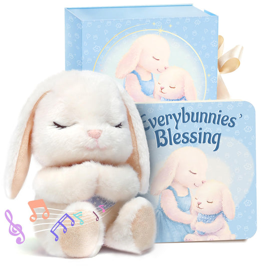 Baptism Gifts for Boys, Catholic Christening, Baby Dedication & Baptismal Gift Set for Baby Boys & Kids, with 9" Musical Praying Bunny Plush Toy & Everybunnies' Blessing Book in Keepsake Box