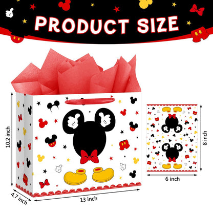 13" Large Red Mouse Happy Birthday Gift Bag Set with Handles, Greeting Card and Tissue Papers Red Black Gift Wrapping Paper Bag for Girls Kids Teens 13"L x 10.2"H x 4.9"W