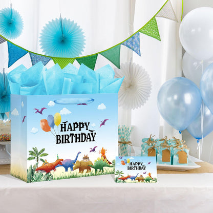 16.5" Extra Large Watercolor Dinosaur Birthday Gift Bag for Boy Kids with Card and Tissue Papers