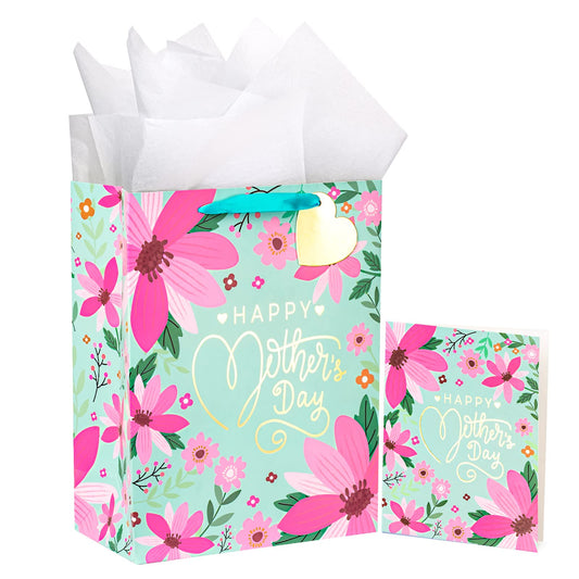 WRAPAHOLIC 13" Large Mother's Day Gift Bag with Card and Tissue Paper - Floral & Gold Foil Happy Mother's Day Lettering