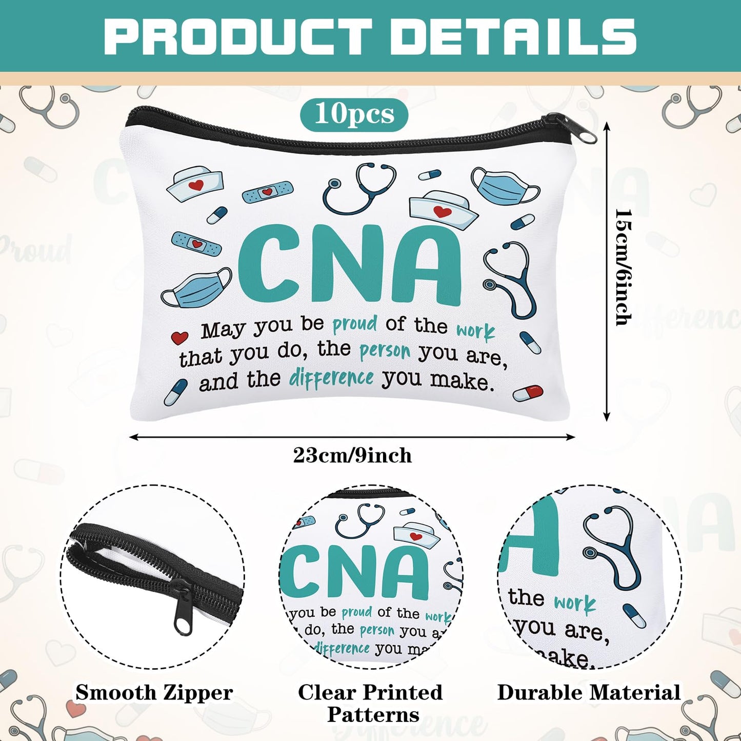 10 Pcs Happy CNA Week Gifts Bulk Cosmetic Bag Nursing Assistant Appreciation Makeup Bag for Nurses Women