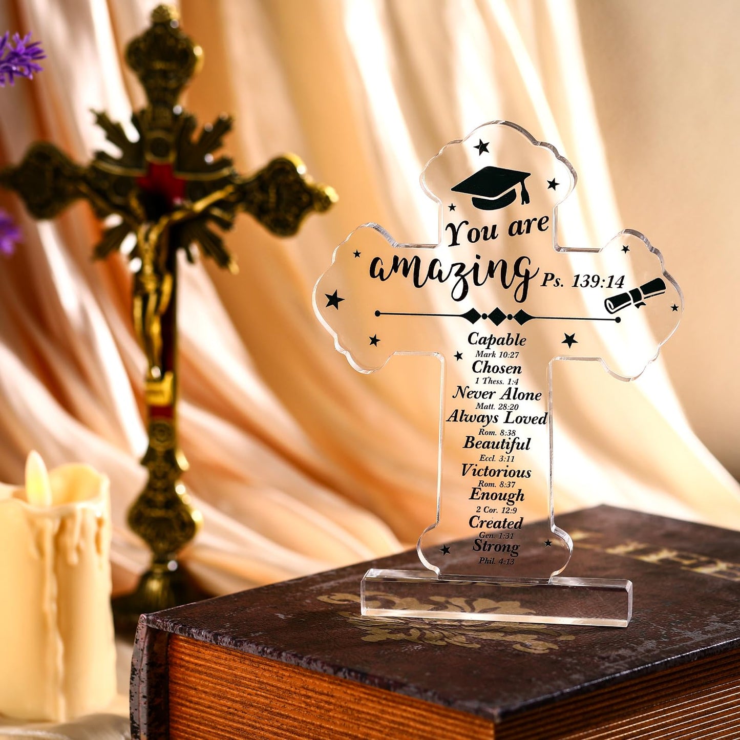 Graduation Gift for Her Him Class of 2026 Religious Graduation Acrylic Standing Cross for Senior College Inspirational Bible Verse Acrylic Grad Gift Christian Scripture Desk(Classic)