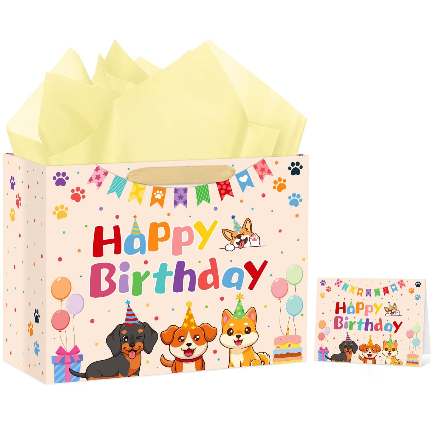 Hooqict Large Dog Gift Bag Dog Birthday Gift Bag with Handles, Tissue Paper, Greeting Card for Kids Boys Girls Pet Puppy Themed Birthday Party Decorations Supplies