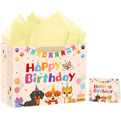 Hooqict Large Dog Gift Bag Dog Birthday Gift Bag with Handles, Tissue Paper, Greeting Card for Kids Boys Girls Pet Puppy Themed Birthday Party Decorations Supplies