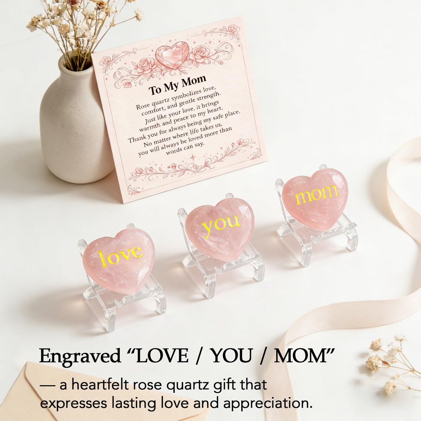 LIMGUVK Gift for Mom from Daughter Son, Engraved Rose Quartz Heart Crystal Gift Set, To My Mom Sentimental Keepsake, Love You Mom Birthday Thank You Appreciation and Just Because (Gold)