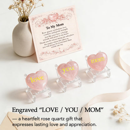LIMGUVK Gift for Mom from Daughter Son, Engraved Rose Quartz Heart Crystal Gift Set, To My Mom Sentimental Keepsake, Love You Mom Birthday Thank You Appreciation and Just Because (Gold)