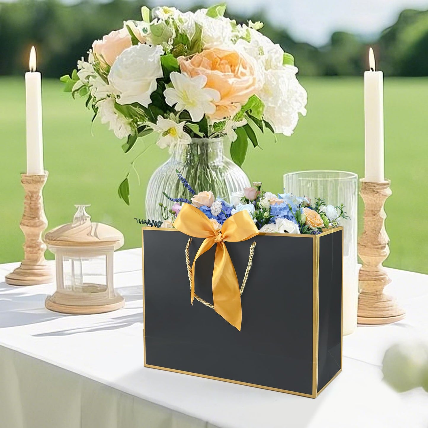 20PCS Black Gift Bags with Handles, 7.5x5.9x2.7Inches Welcome Bag Return Gifts with Handles, Birthday Gift Bags with Ribbon, Greeting Cards for Wedding Baby Shower Bridesmaid Party Gift (Black-Gold)