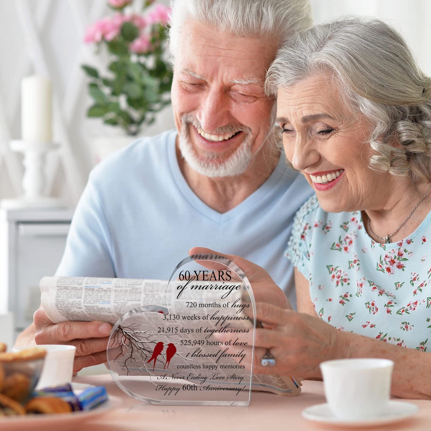 Qunclay 60th Years of Marriage Gift Wedding Anniversary Souvenir Heart Marriage Keepsake Decoration Present for Couple Parent Women Mom Husband Wife He She Friend Grandparents