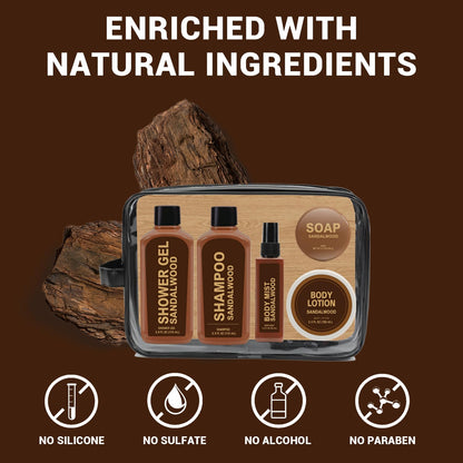 Gifts for Men 6pcs Sandalwood Gift Set Travel Size Toiletry with Shampoo, Shower Gel, Soap, Body Lotion, Mens Gifts Birthday Anniversary Gift Sets for Men, Christmas Self Care Fathers Day Gift