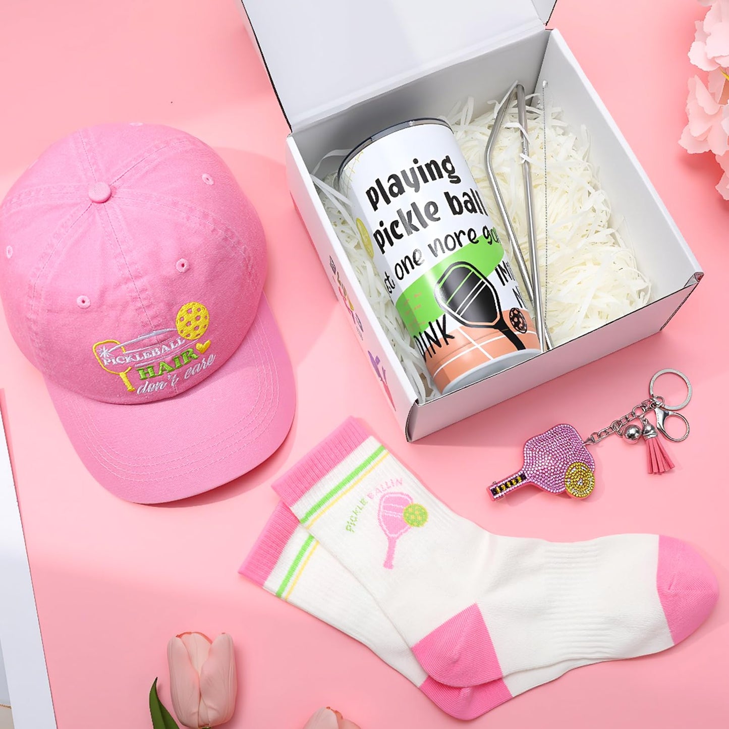 Pickleball Hat for Women, Pickleball Accessories with Cotton Baseball Cap Socks Stainless Steel Tumbler for Birthday Christmas Pink