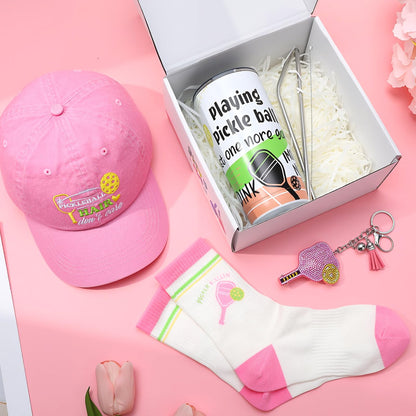 Pickleball Hat for Women, Pickleball Accessories with Cotton Baseball Cap Socks Stainless Steel Tumbler for Birthday Christmas Pink