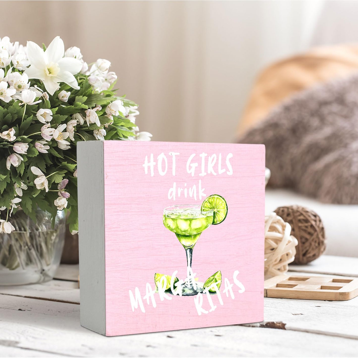 Pink Margarita Gift Wooden Signs,Margarita Lover Gifts Wooden Box Sign,Cocktail Bar Decor For Home Desk Tabletop Shelf Decoration,Gifts For Girls5x5 Inches