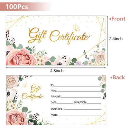 Zonon 100 Pcs gift certificates for business Blank Present Certificate Double Sided Floral Gold Foil Customer Client Paper Voucher Cards for Birthday, Spa, Work Business Present Card, 4.8 x 2.4 Inch
