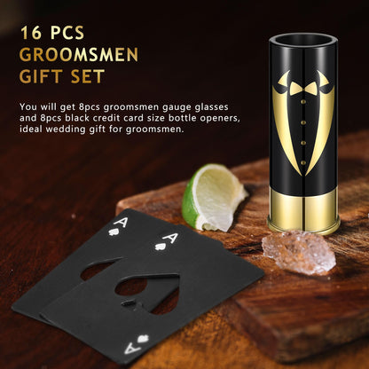 Yoption 16 Pcs Groomsmen Gifts Set, 8pcs Gauge Shot Glasses with 8pcs Credit Card Size Bottle Openers for Wedding Party Proposal Groomsmen Bridesmaid Favors