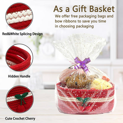 SHIANCE&LI Small Woven Basket Cute Cotton Rope with Handles Gift Oval For Storage Baby Dog Toy Room Basket 12"x 8" x 5" Decorative Basket(Cherry,S)
