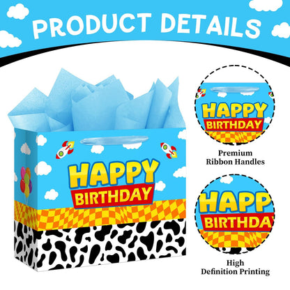 Reyoust 13" Large Toy Gift Bag with Card and Tissue Paper Toy Inspired Story Present Bag for Happy Birthday Blue Cartoon Party Decorations 1Pcs 13" L x 10.2" H x 4.9" D
