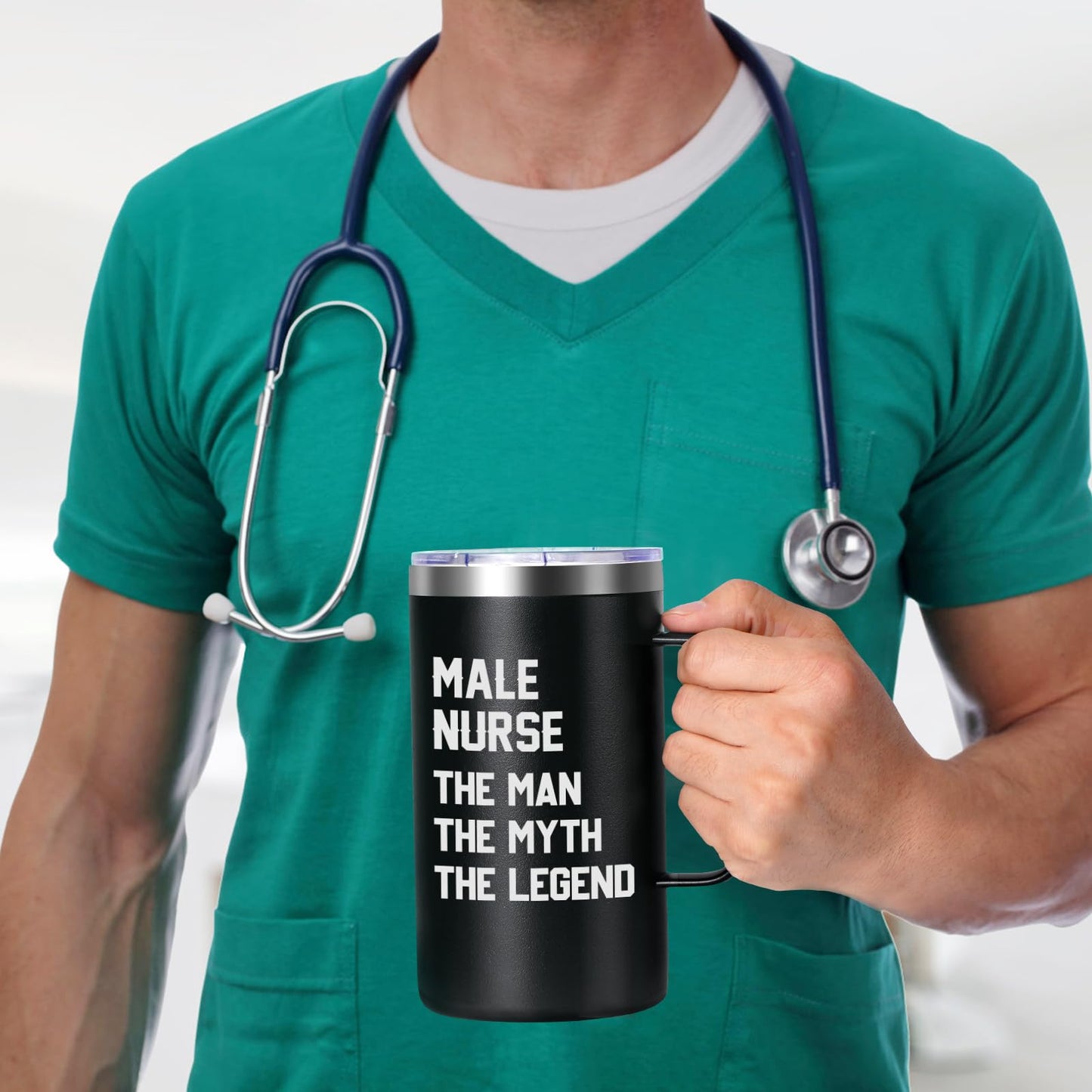 Lifecapido Male Nurse Gifts, The Man The Myth The Legend 20oz Stainless Steel Coffee Mug with Badge Reel Pen, Birthday Graduation Nurse Appreciation Gifts for Male Nurses, Black