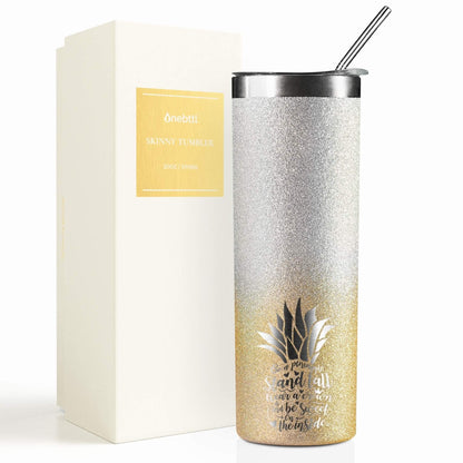 Onebttl Pineapple Glitter Tumbler - Stand Tall, Wear a Crown, Always Be Sweet - 20oz/590ml Stainless Steel Insulated Tumbler - Pineapple Gifts for Women and Lovers - Gold-Silver Gradient