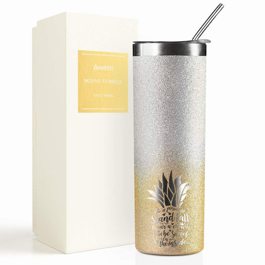 Onebttl Pineapple Glitter Tumbler - Stand Tall, Wear a Crown, Always Be Sweet - 20oz/590ml Stainless Steel Insulated Tumbler - Pineapple Gifts for Women and Lovers - Gold-Silver Gradient