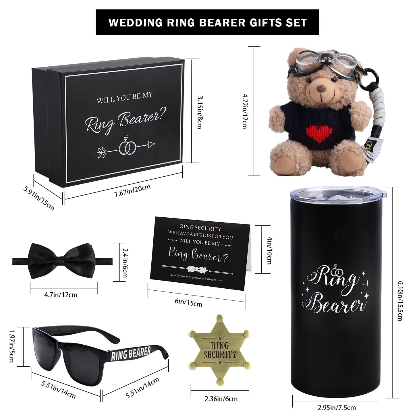 6Pcs Wedding Ring Bearer Gifts Set Wedding Party Favors Include 14 oz Ring Bearer Tumbler with Straw, Will You Be My Ring Bearer Proposal Card, Ring Bearer Sunglasses, Bear, Tie, Ring Security Badges