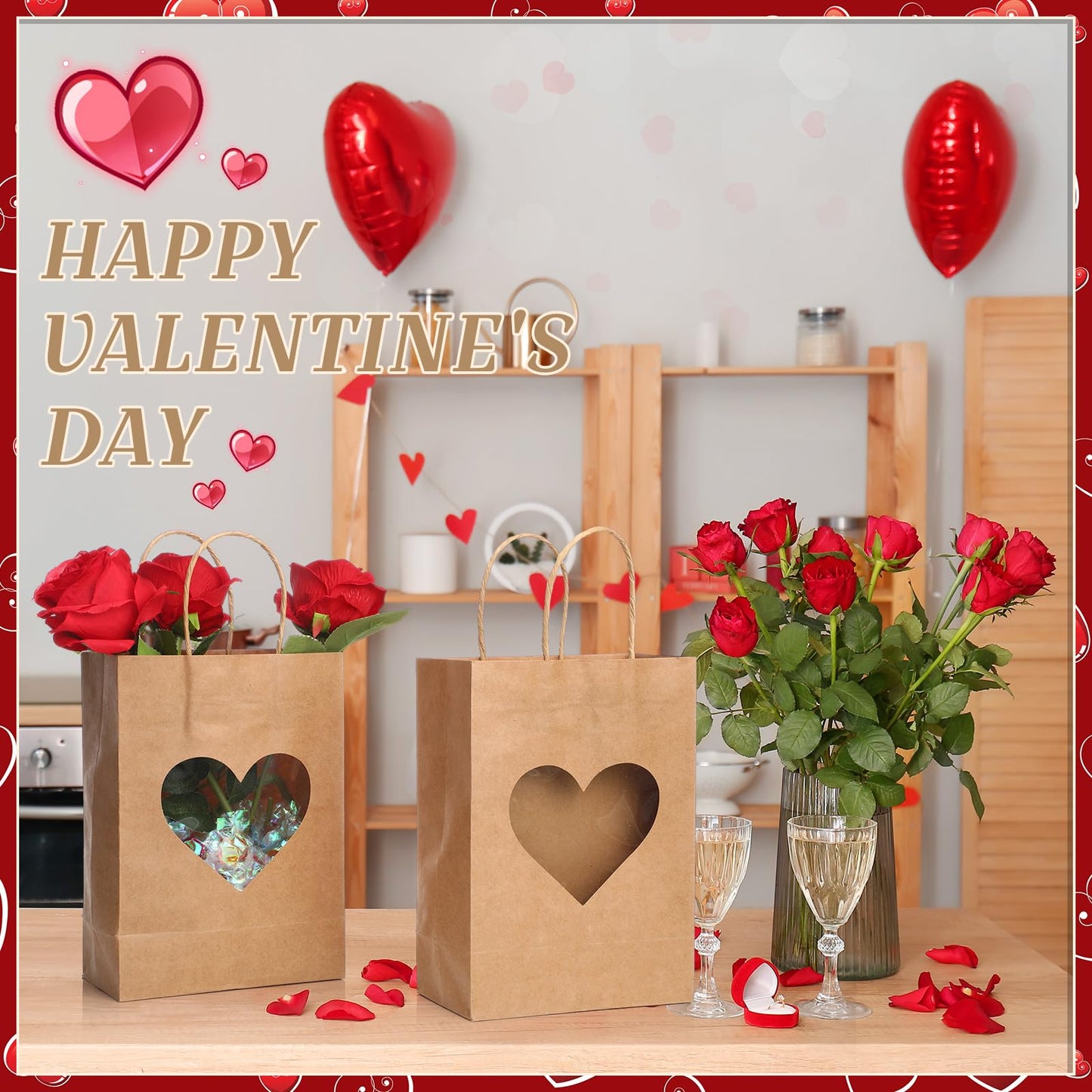Eersida 24 Pcs Valentine's Day Gifts Bags with Heart Window Kraft Brown Paper Goodie Bag Bulk Holiday Candy Treat Wrapping with Handle for Galentines Wedding Birthday Party Supplies, 8.3"x5.9"x3.2"
