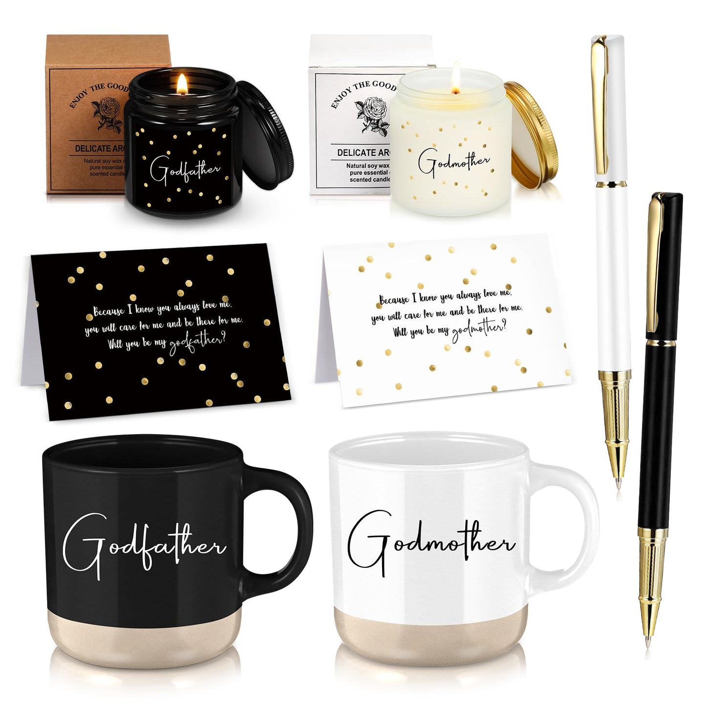 2 Sets 8 Pcs Godparents Proposal Gift Madrina Padrino Mug Will You Be My Godparents from Godchild Card Scented Candle Jar Pen Baptism Gift for Mother's Day Father's Day Godmother Godfather(English)