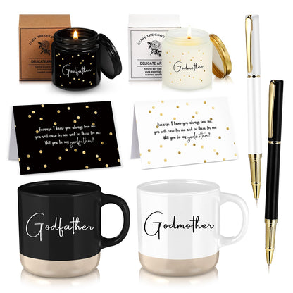 2 Sets 8 Pcs Godparents Proposal Gift Madrina Padrino Mug Will You Be My Godparents from Godchild Card Scented Candle Jar Pen Baptism Gift for Mother's Day Father's Day Godmother Godfather(English)