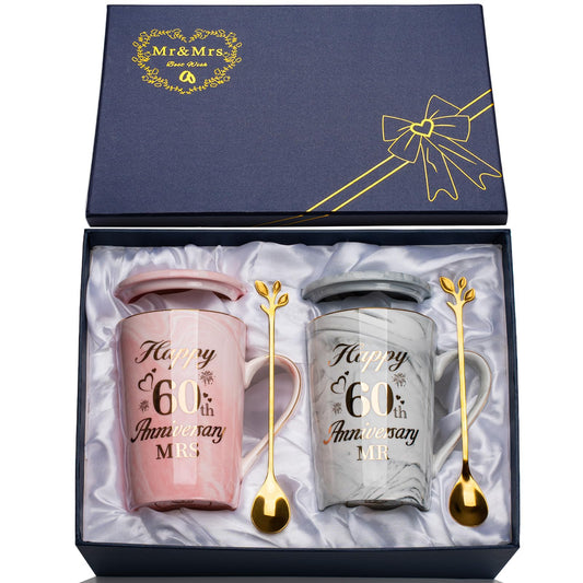 60th Wedding Anniversary GIF-ts, Diamond Wedding Anniversary GIF-ts, 2PCS Happy 60th Anniversar-y Gift Mr Mrs Gifts Diamond Anniversar-y Gifts for Couples Parents, Marble Ceramic Cups 14oz